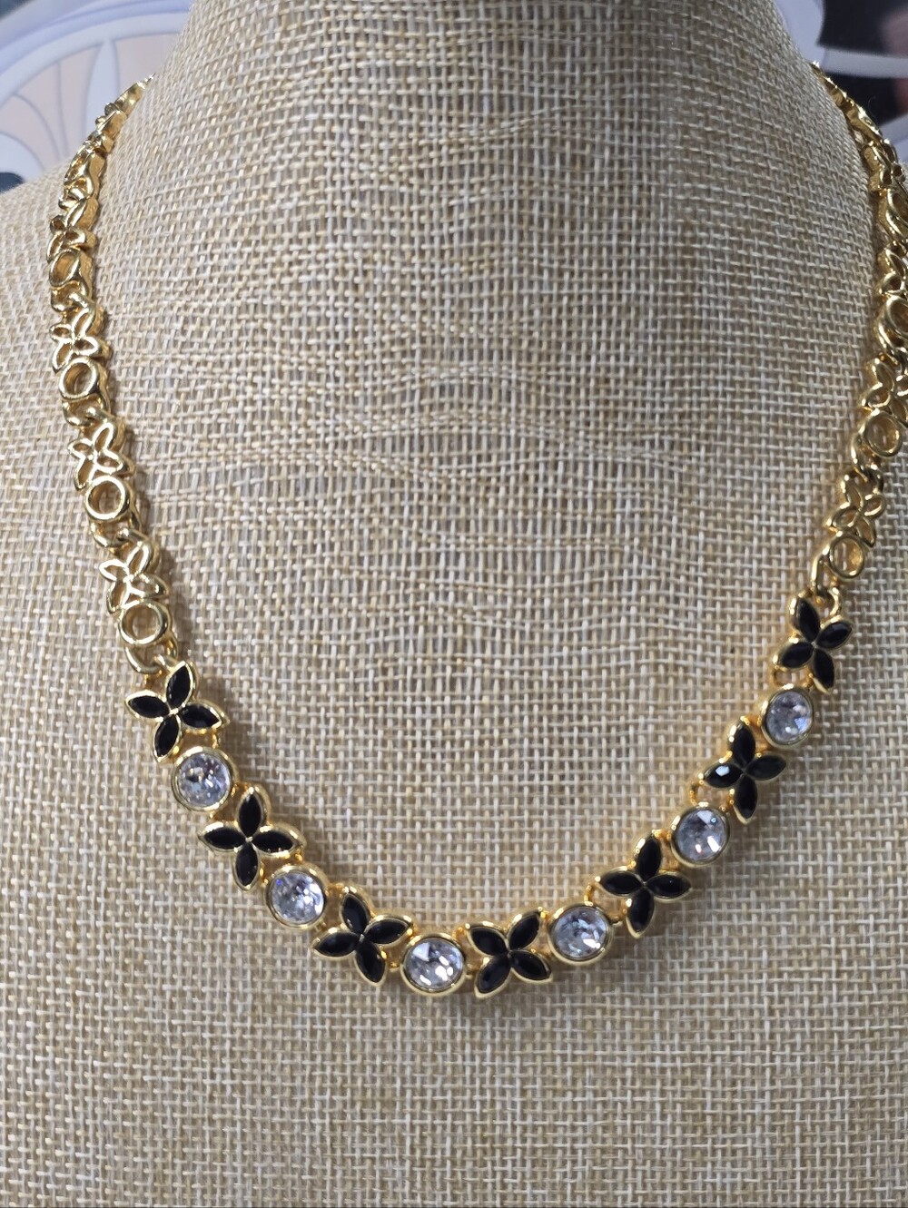 Vintage Napier Black Enamel Flowers & Clear Round Crystal Gold Tone Necklace